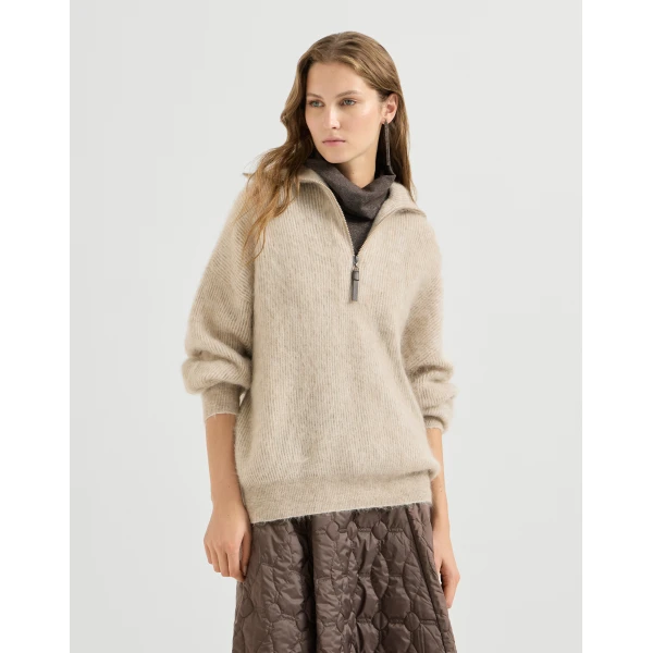 Brunello Cucinelli Vanisé high-neck sweater with half-zip in Beige, view 2 | Sweaters | Luxury Shoes 