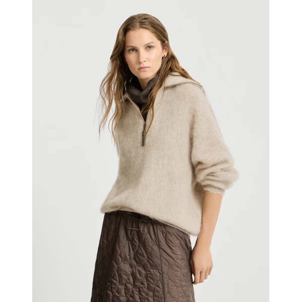 Brunello Cucinelli Vanisé high-neck sweater with half-zip in Beige, view 5 | Sweaters | Luxury Shoes 