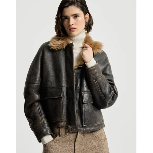 Vintage-Effect shearling aviator jacket in Brown - Image 5