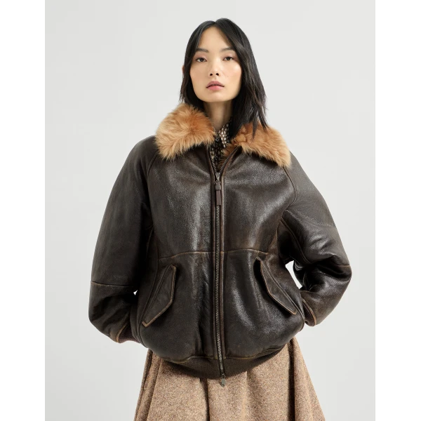 Vintage-effect shearling bomber jacket in Hazelnut - Image 2