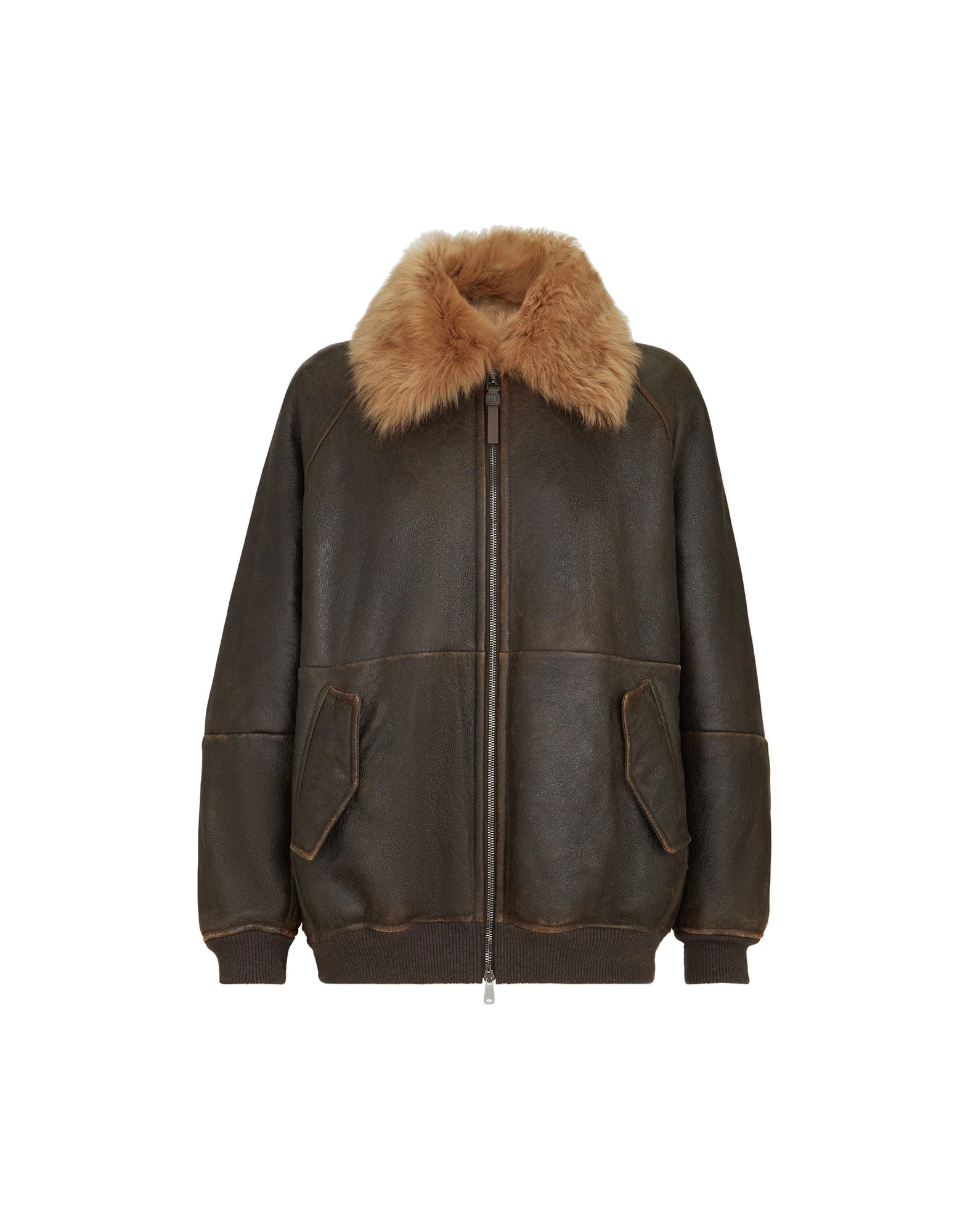 Brunello Cucinelli Vintage-effect shearling bomber jacket in Hazelnut | Buy Jackets at Luxury Shoes Brunello Cucinelli Vintage-effect shearling bomber jacket in Hazelnut