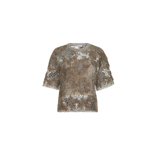 Brunello Cucinelli Whispering Bloom Embroidery T-shirt in Pine Cone Brown