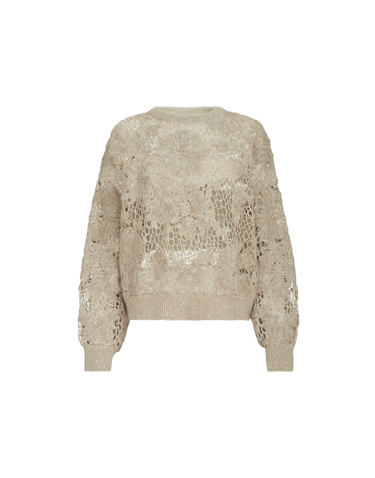 Brunello Cucinelli Whispering bloom embroidery sweater in Sand | Buy Knitwear at Luxury Shoes Brunello Cucinelli Whispering bloom embroidery sweater in Sand