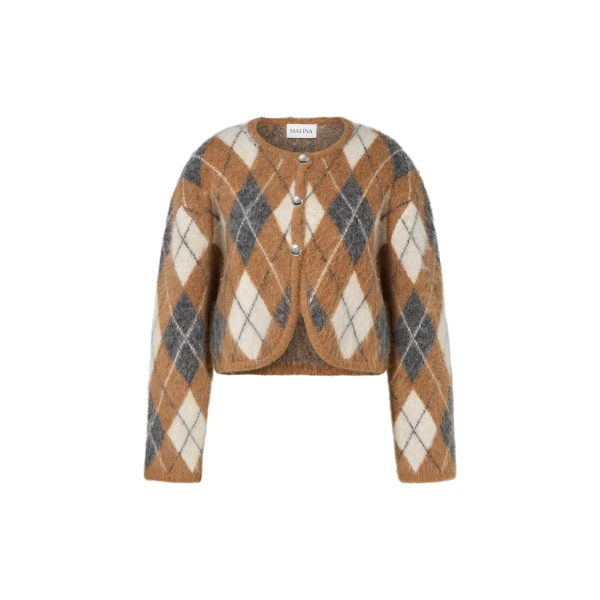 By Malina Aislinn Cardigan in Camel Argyle Checks