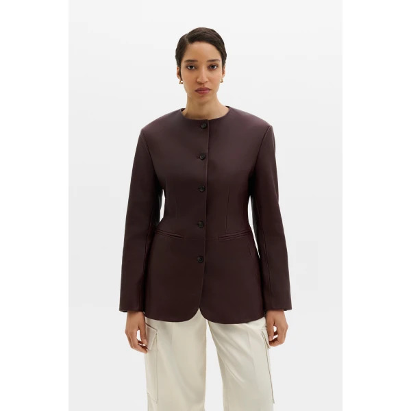 By Malina Carol Leather Blazer in Burgundy, view 2