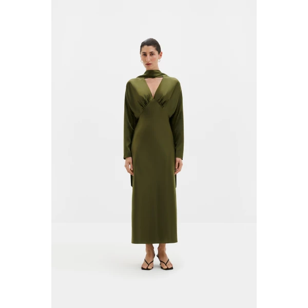 By Malina Ingrid Midi Dress in Moss Green, view 3