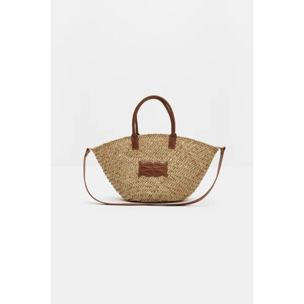 By Malina Large Monogram Straw Bag in Cognac, view 2