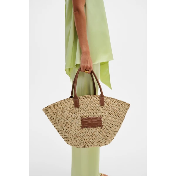 By Malina Large Monogram Straw Bag in Cognac, view 3