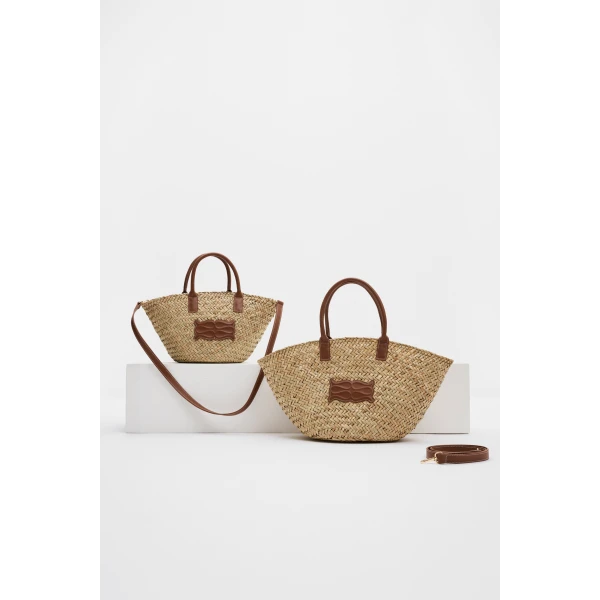 By Malina Large Monogram Straw Bag in Cognac, view 6