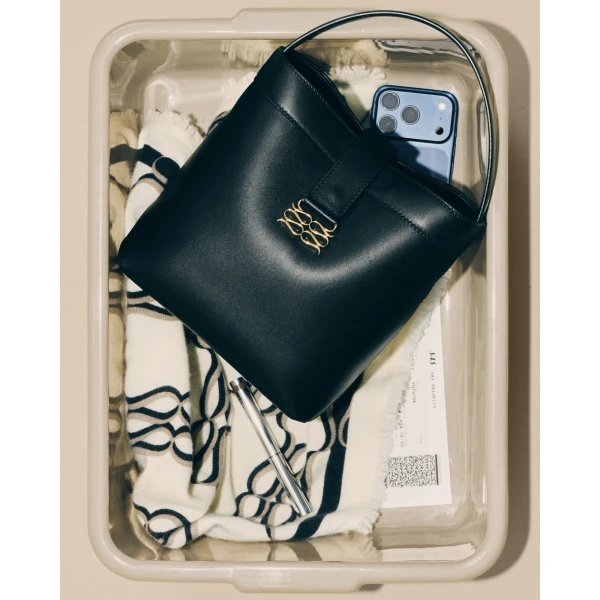 By Malina Monogram Bucket Bag in Black, view 5