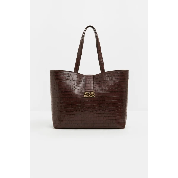 By Malina Monogram Grand Leather Tote in Dark Brown Croco, view 2