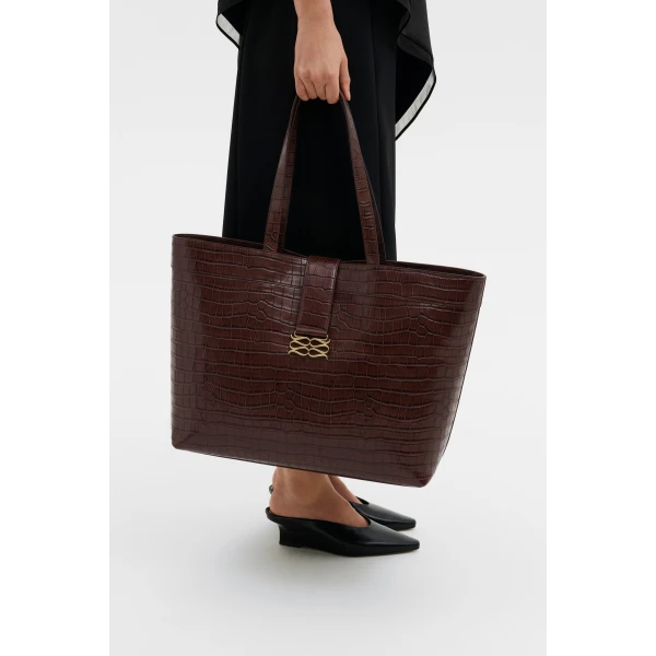 By Malina Monogram Grand Leather Tote in Dark Brown Croco, view 3