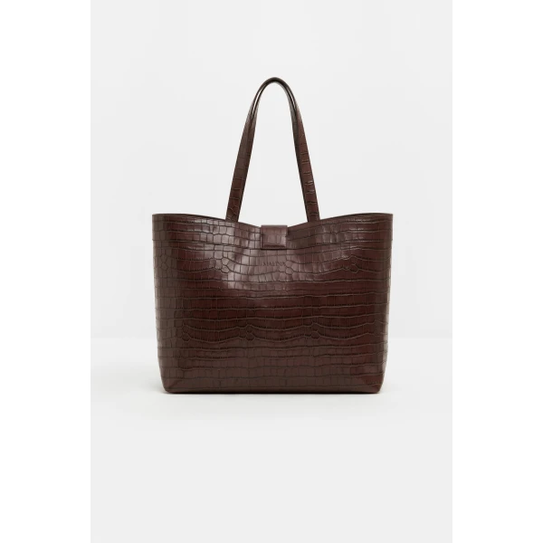 By Malina Monogram Grand Leather Tote in Dark Brown Croco, view 4