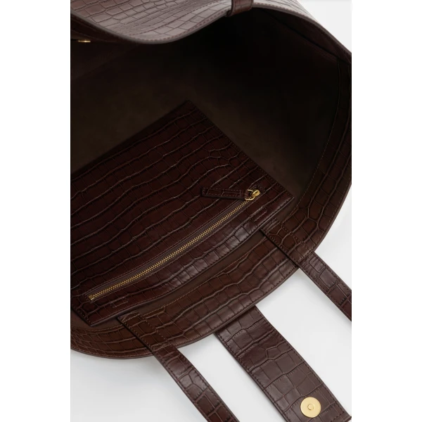 By Malina Monogram Grand Leather Tote in Dark Brown Croco, view 5