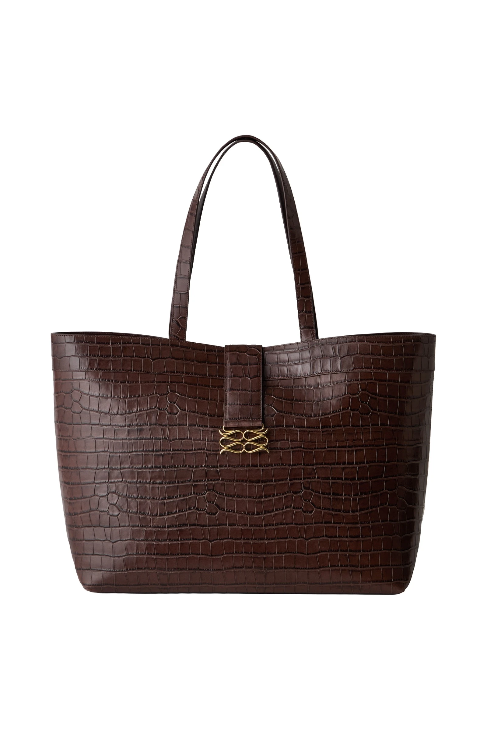 By Malina Monogram Grand Leather Tote in Dark Brown Croco By Malina Monogram Grand Leather Tote in Dark Brown Croco
