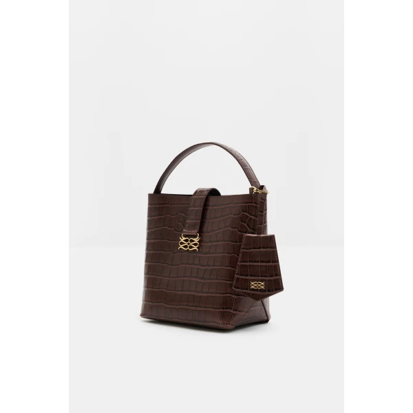 By Malina Monogram Key Chain in Dark Brown Croco, view 3