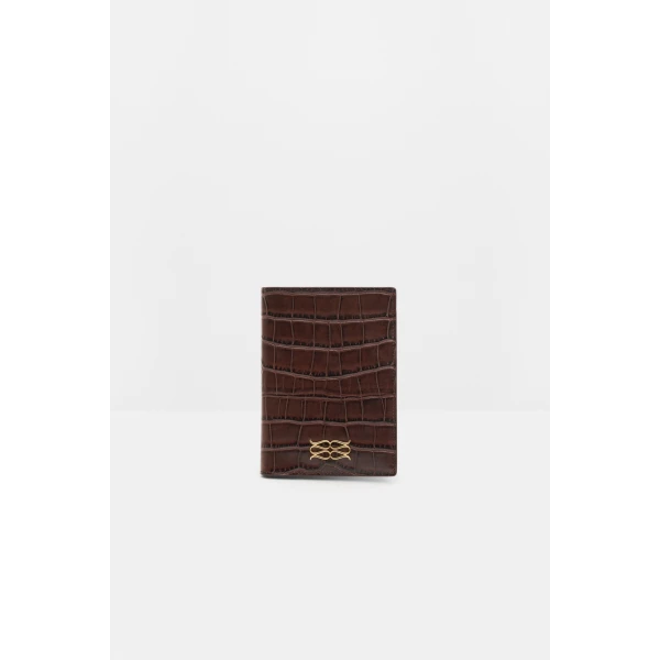 By Malina Monogram Leather Passport Cover in Dark Brown Croco, view 2