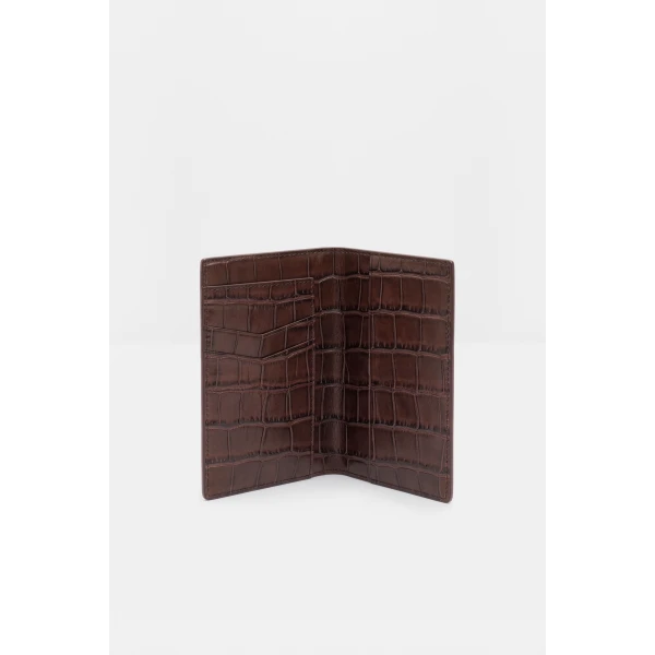 By Malina Monogram Leather Passport Cover in Dark Brown Croco, view 3