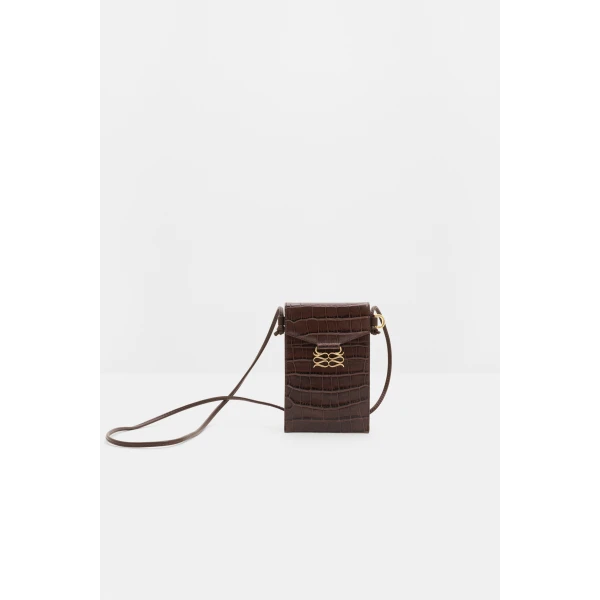 By Malina Monogram Leather Phone Pouch in Dark Brown Croco, view 2