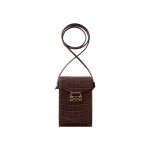 By Malina Monogram Leather Phone Pouch in Dark Brown Croco