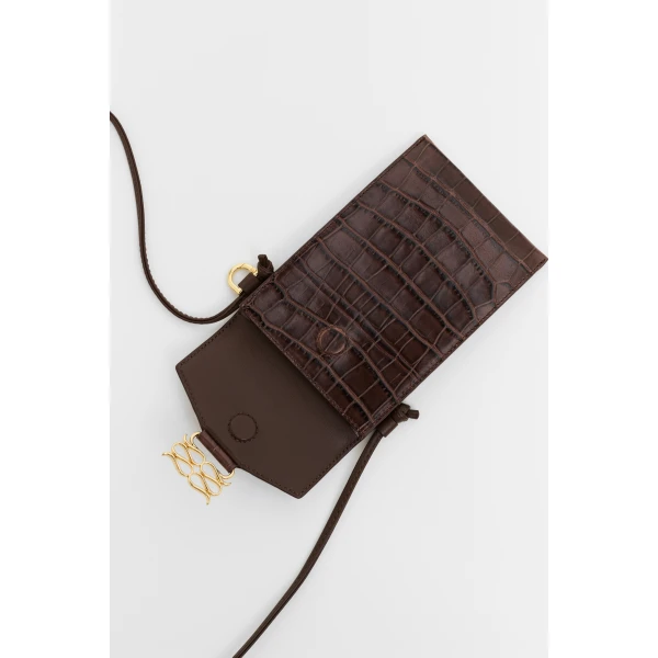 By Malina Monogram Leather Phone Pouch in Dark Brown Croco, view 4