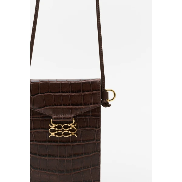 By Malina Monogram Leather Phone Pouch in Dark Brown Croco, view 5