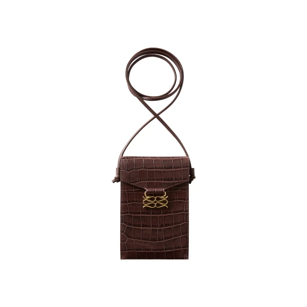 By Malina Monogram Leather Phone Pouch in Dark Brown Croco