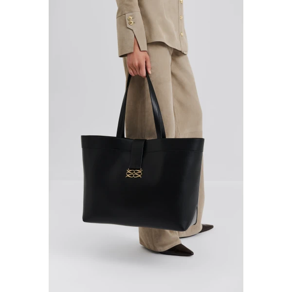 By Malina Monogram Tote Bag in Black, view 3