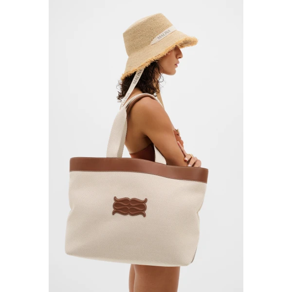 By Malina Monogram Tote Bag in Light Taupe, view 2