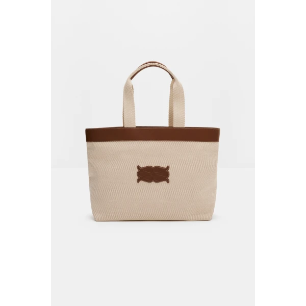 By Malina Monogram Tote Bag in Light Taupe, view 3