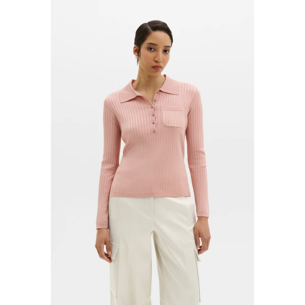 By Malina Nanna Sheer Ribbed Knitted Polo Shirt in Soft Pink, view 2
