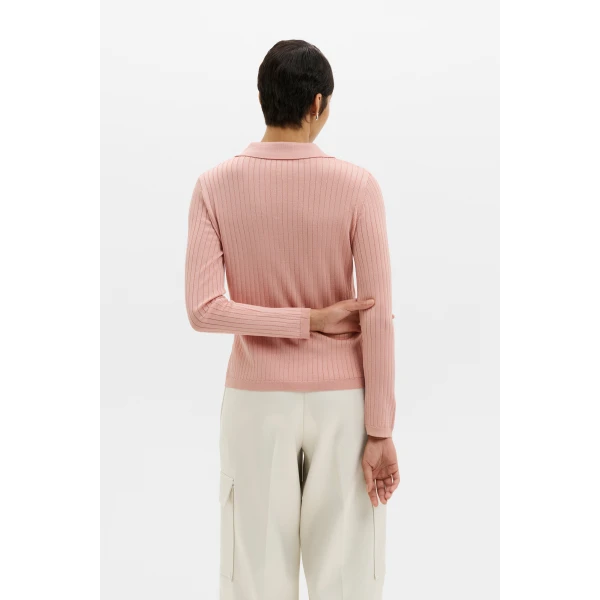 By Malina Nanna Sheer Ribbed Knitted Polo Shirt in Soft Pink, view 4