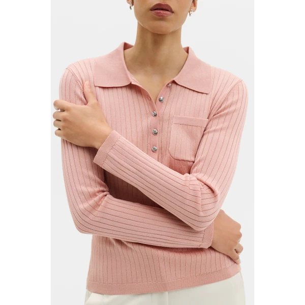 By Malina Nanna Sheer Ribbed Knitted Polo Shirt in Soft Pink, view 5