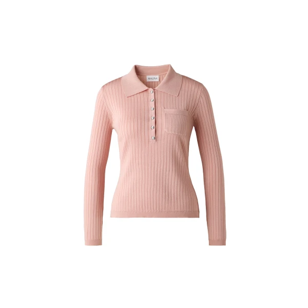 Nanna Sheer Ribbed Knitted Polo Shirt in Soft Pink