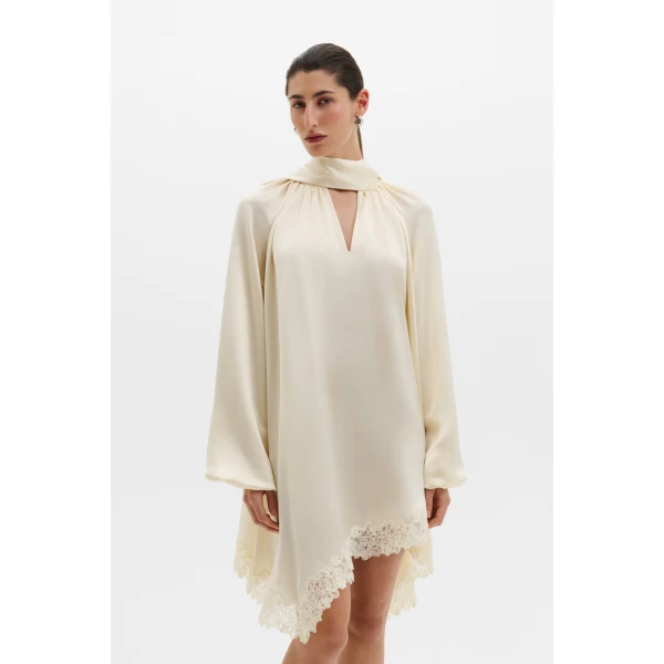 By Malina Norea Lace Hem Satin Mini Dress in Pearl, view 2