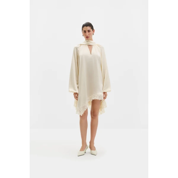 By Malina Norea Lace Hem Satin Mini Dress in Pearl, view 3