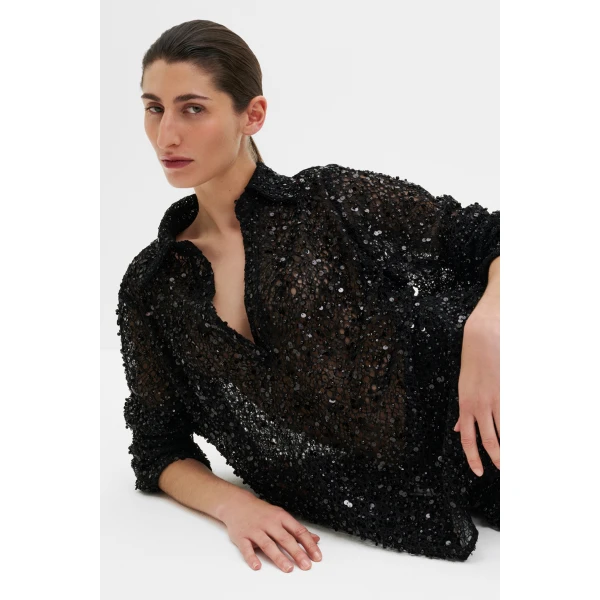 By Malina Philippa Embellished Lace Shirt in Black, view 2