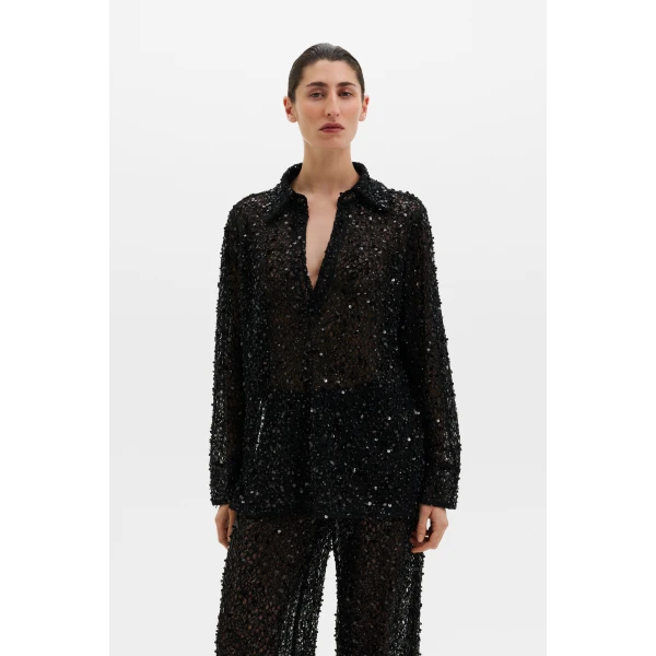 By Malina Philippa Embellished Lace Shirt in Black, view 4