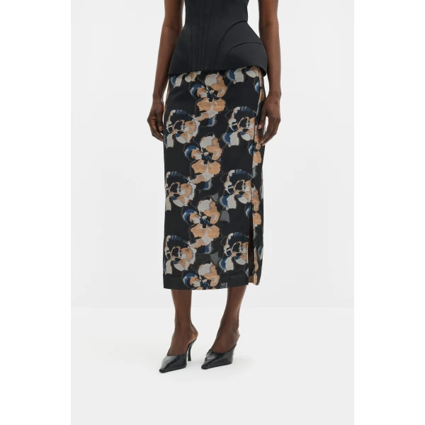 By Malina Sanna Midi Skirt in Dark Blooms, view 3