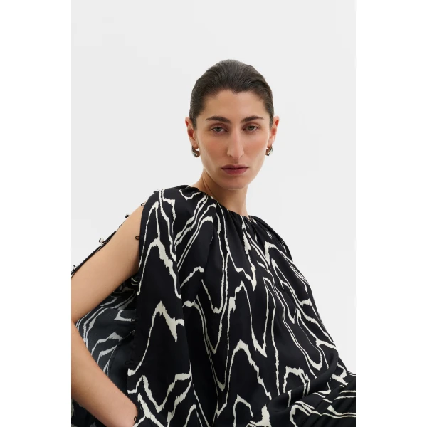 By Malina Sophie Button Detail Gathered Blouse in Black Marble, view 2