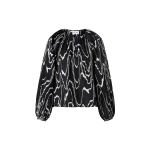 By Malina Sophie Button Detail Gathered Blouse in Black Marble