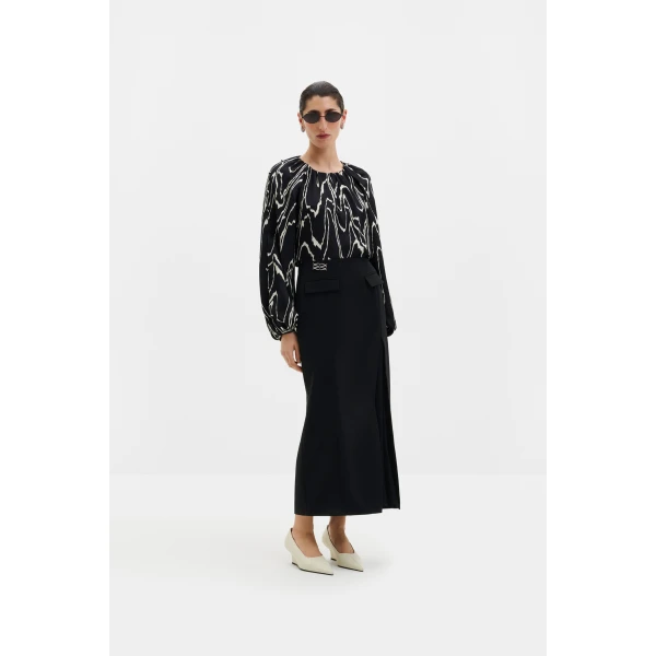 By Malina Sophie Button Detail Gathered Blouse in Black Marble, view 3