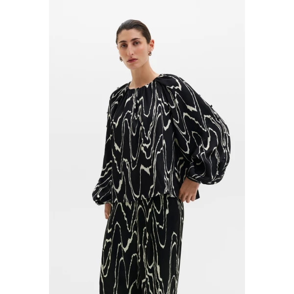 By Malina Sophie Button Detail Gathered Blouse in Black Marble, view 4