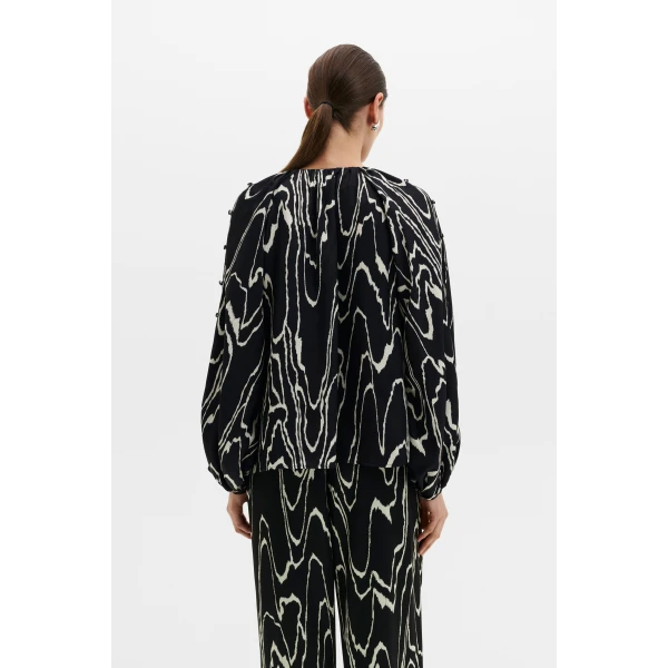 By Malina Sophie Button Detail Gathered Blouse in Black Marble, view 5