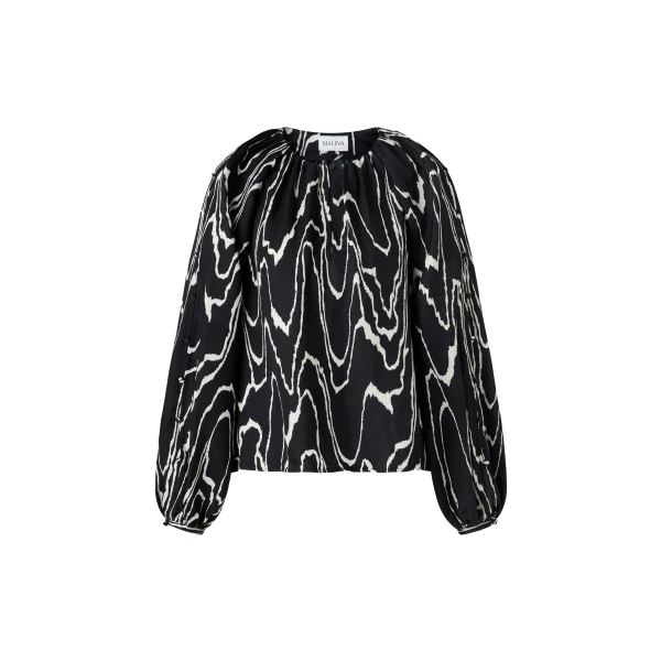Sophie Button Detail Gathered Blouse in Black Marble