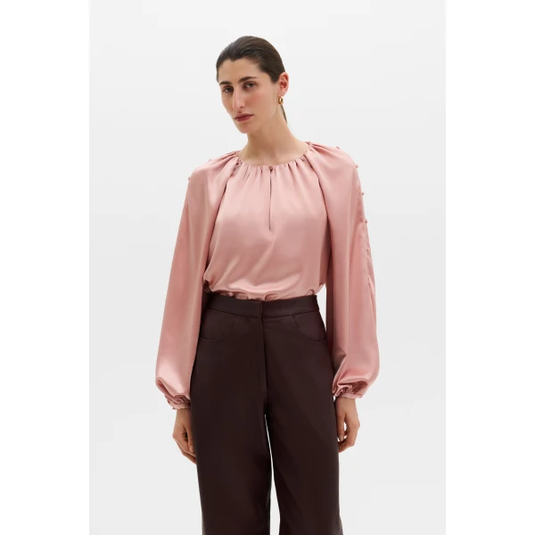 By Malina Sophie Button Detail Gathered Blouse in Soft Pink, view 2