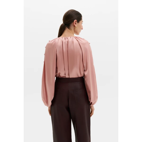 By Malina Sophie Button Detail Gathered Blouse in Soft Pink, view 4