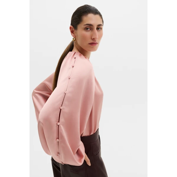 By Malina Sophie Button Detail Gathered Blouse in Soft Pink, view 5