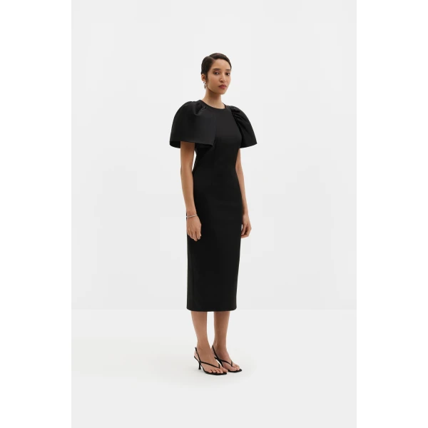 By Malina Zindy Fitted Pouf Sleeve Midi Dress in Black, view 2
