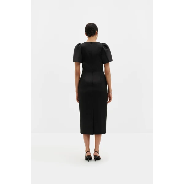 By Malina Zindy Fitted Pouf Sleeve Midi Dress in Black, view 3